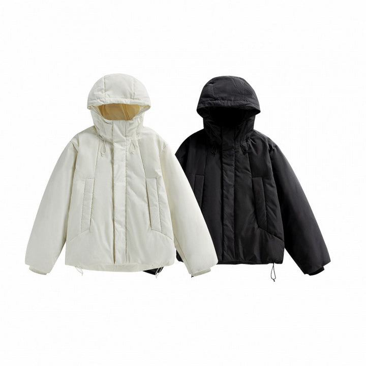 Unisex Short Padded Hooded Transition Jacket in Boxy Cut with High Stand Collar Amarae