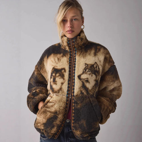 Veste en polaire pour femmes avec motif animal et col montant Chic & Stil