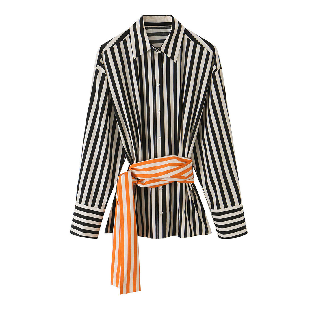 Women Oversize Stripe Blouse with Waist Tie and Shirt Collar Amarae
