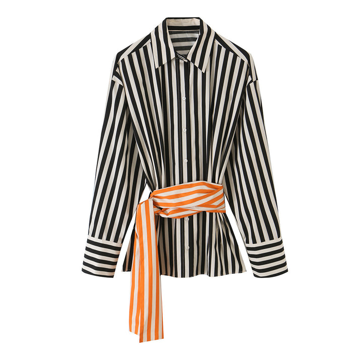 Women Oversize Stripe Blouse with Waist Tie and Shirt Collar Amarae