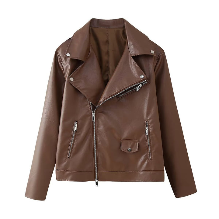 Faux leather jacket for women with asymmetrical zipper and decorative zipper details Lune London