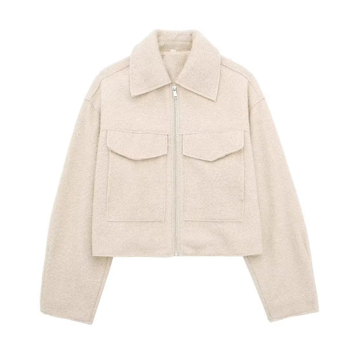 Women's Short Cut Sherpa Jacket with Zip and Flap Pockets Amarae