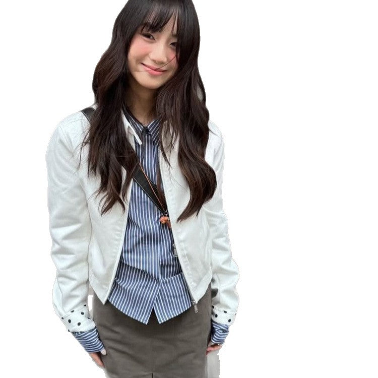 Women’s short-cut blouson jacket with stand-up collar, concealed zipper and contrasting polka dot patterned lining Amarae