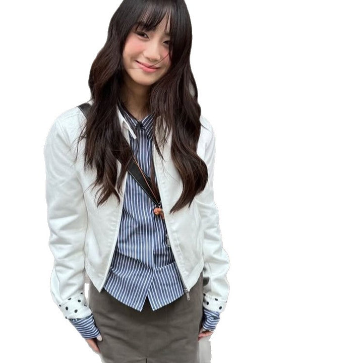 Women’s short-cut blouson jacket with stand-up collar, concealed zipper and contrasting polka dot patterned lining Amarae