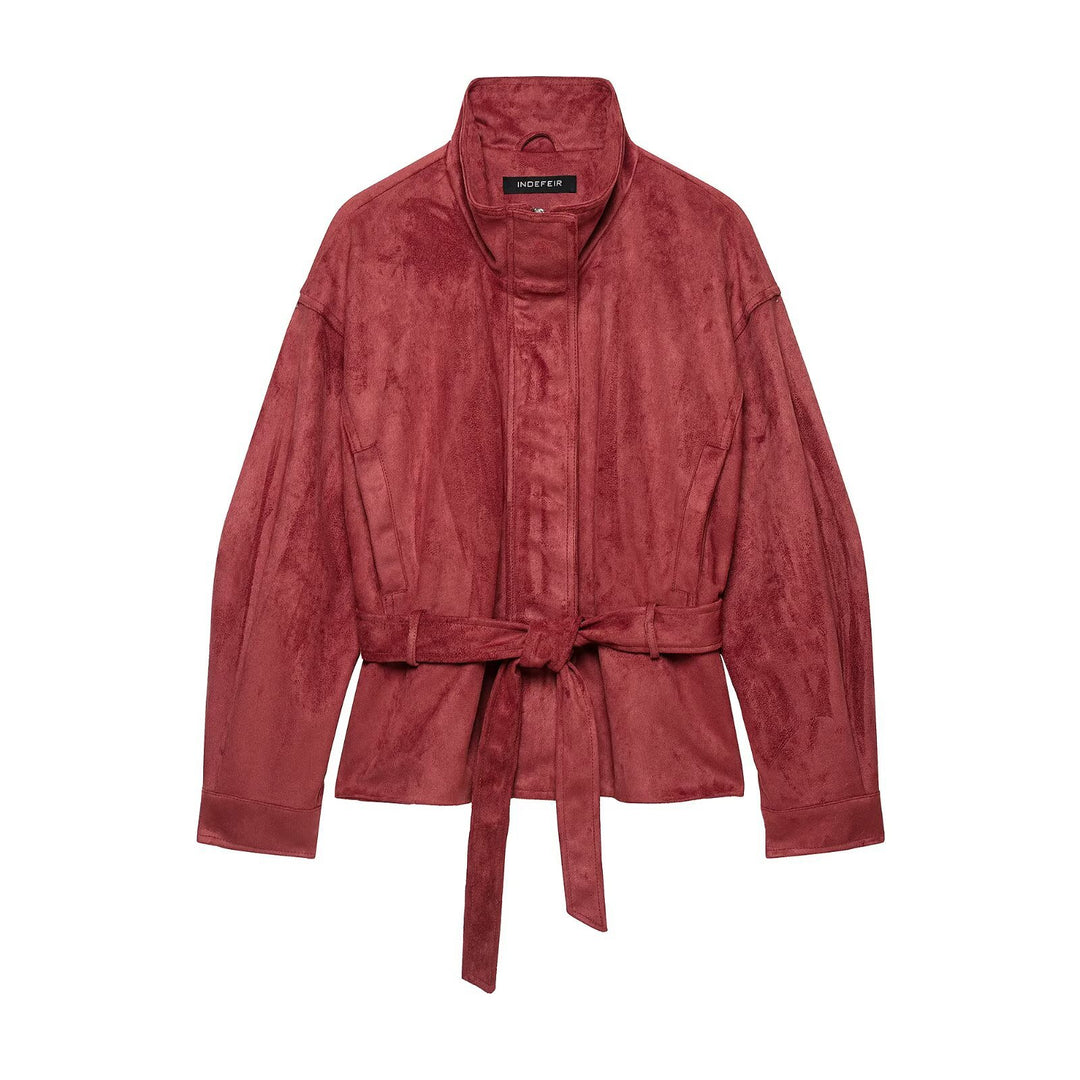 Women's kimono-inspired velour jacket with tie belt and high stand-up collar Amarae