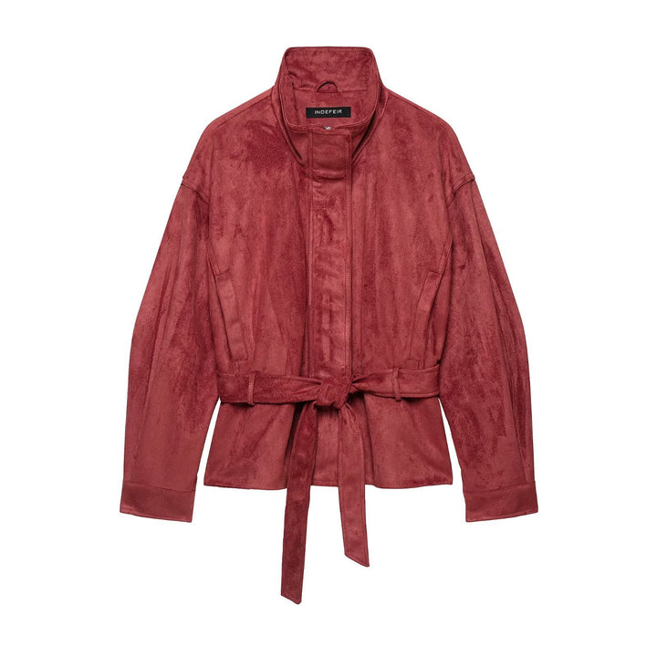 Women's kimono-inspired velour jacket with tie belt and high stand-up collar Amarae
