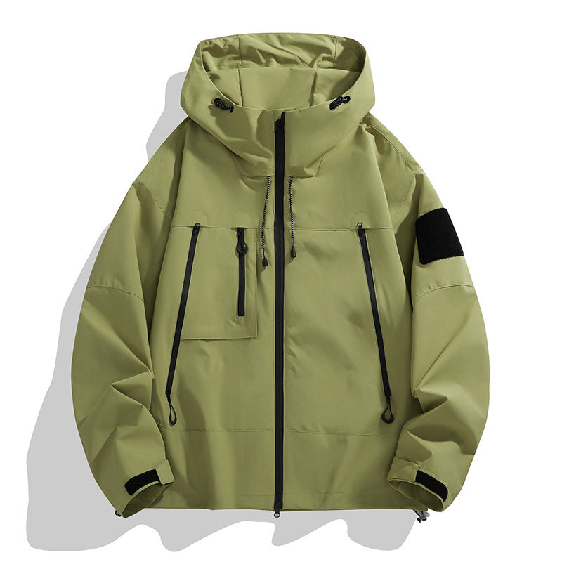 Technical outer jacket for men with adjustable hood design and multifunctional pockets Lune London