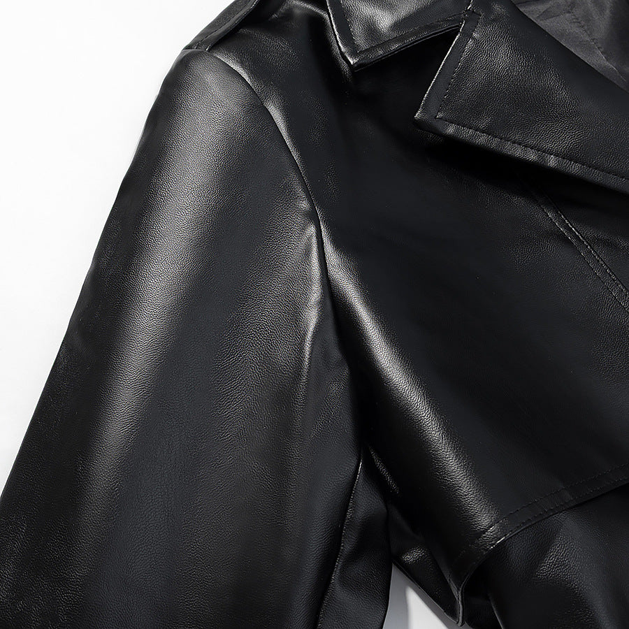 Women’s longline trench coat made of faux leather with a fitted belt and shoulder flaps Amarae