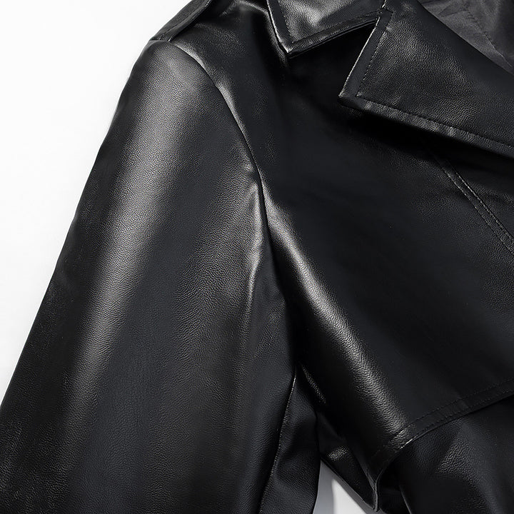 Women’s longline trench coat made of faux leather with a fitted belt and shoulder flaps Amarae