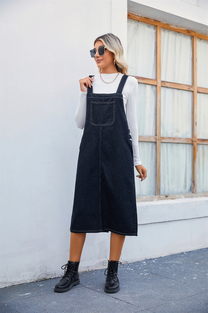 Lune London women's denim strap dress with practical side pockets and modern cut