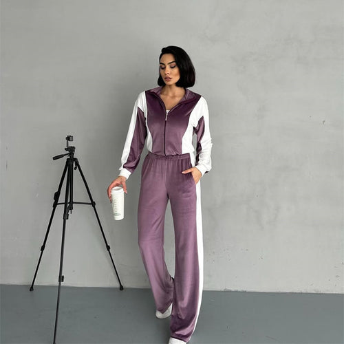Amarae women's sporty velvet tracksuit with zipper and side stripes