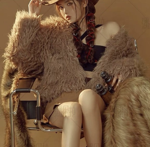 Women Short-Cut Shaggy Faux Fur Jacket with Round Neck, Extra Soft Long Hair and Casual Fit Amarae