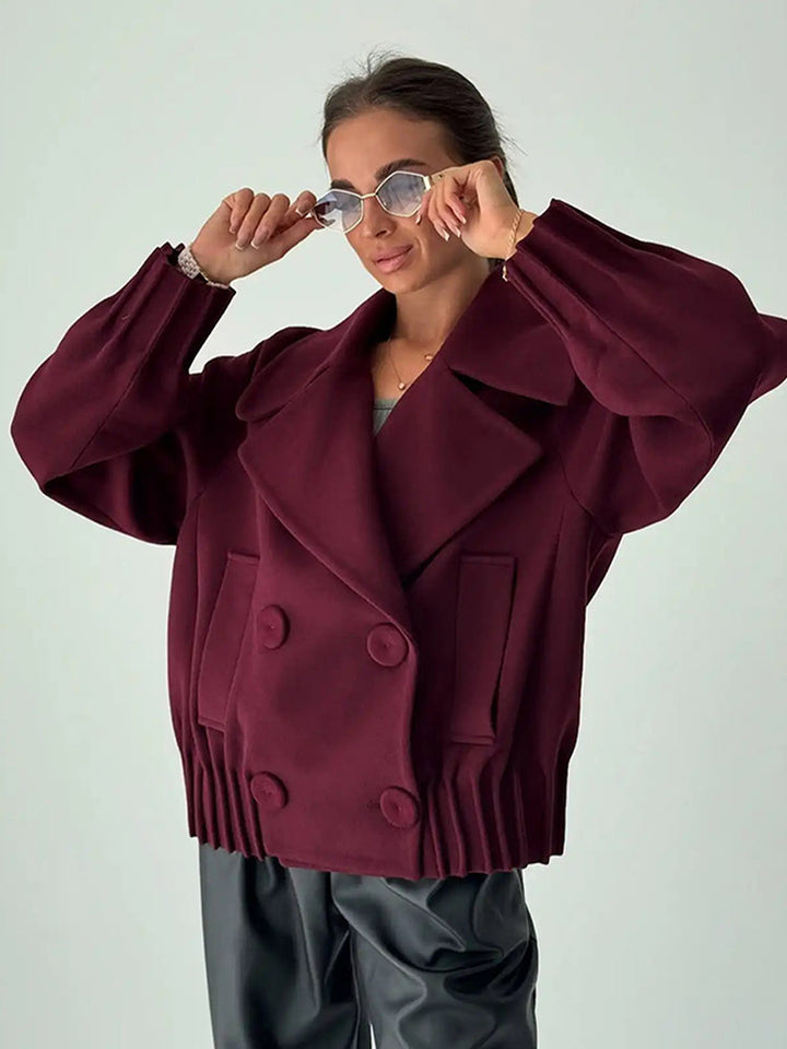 Women's Short Boxy Wool Coat with Oversized Shawl Collar, Double Button Placket and Ribbed Cuff Amarae