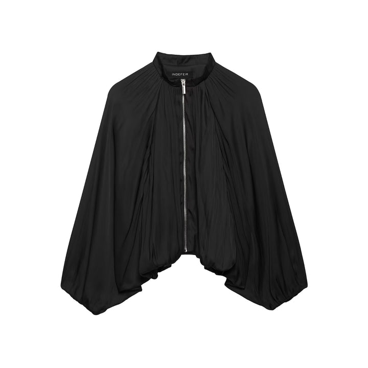 Women Pleated Cropped Cape Jacket with Zipper and Ballooned Hem Amarae