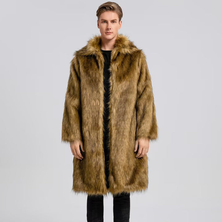 Long faux fur coat for men with high collar and luxurious inner lining Lune London