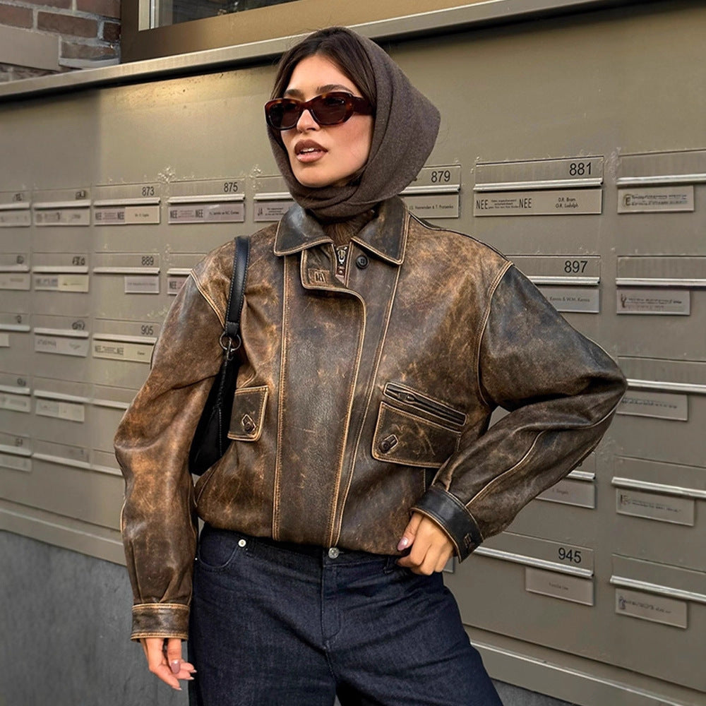Women Vintage-inspired Oversized Leather Bomber Jacket with Used Look Amarae