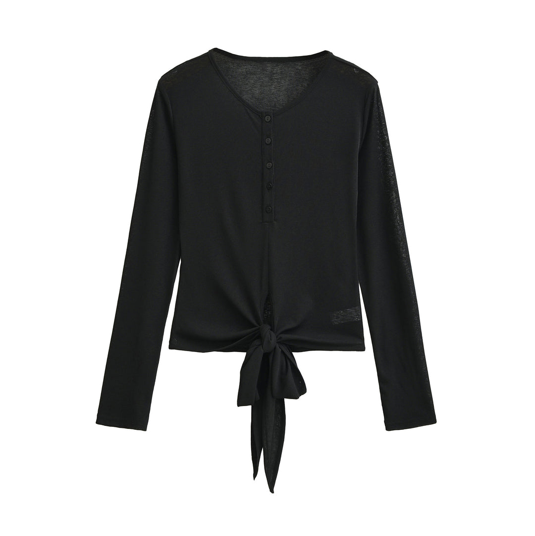 Women’s Long Sleeve Henley Top with Knot Front and Button Placket Amarae