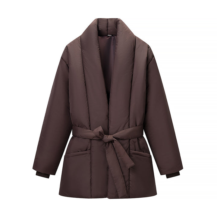 Women's Short Quilted Tailored Quilted Jacket with Shawl Collar and Tie Belt Amarae