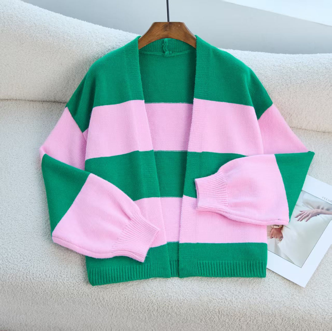 Ladies trendy knit cardigan with wide stripes and relaxed fit Lune London