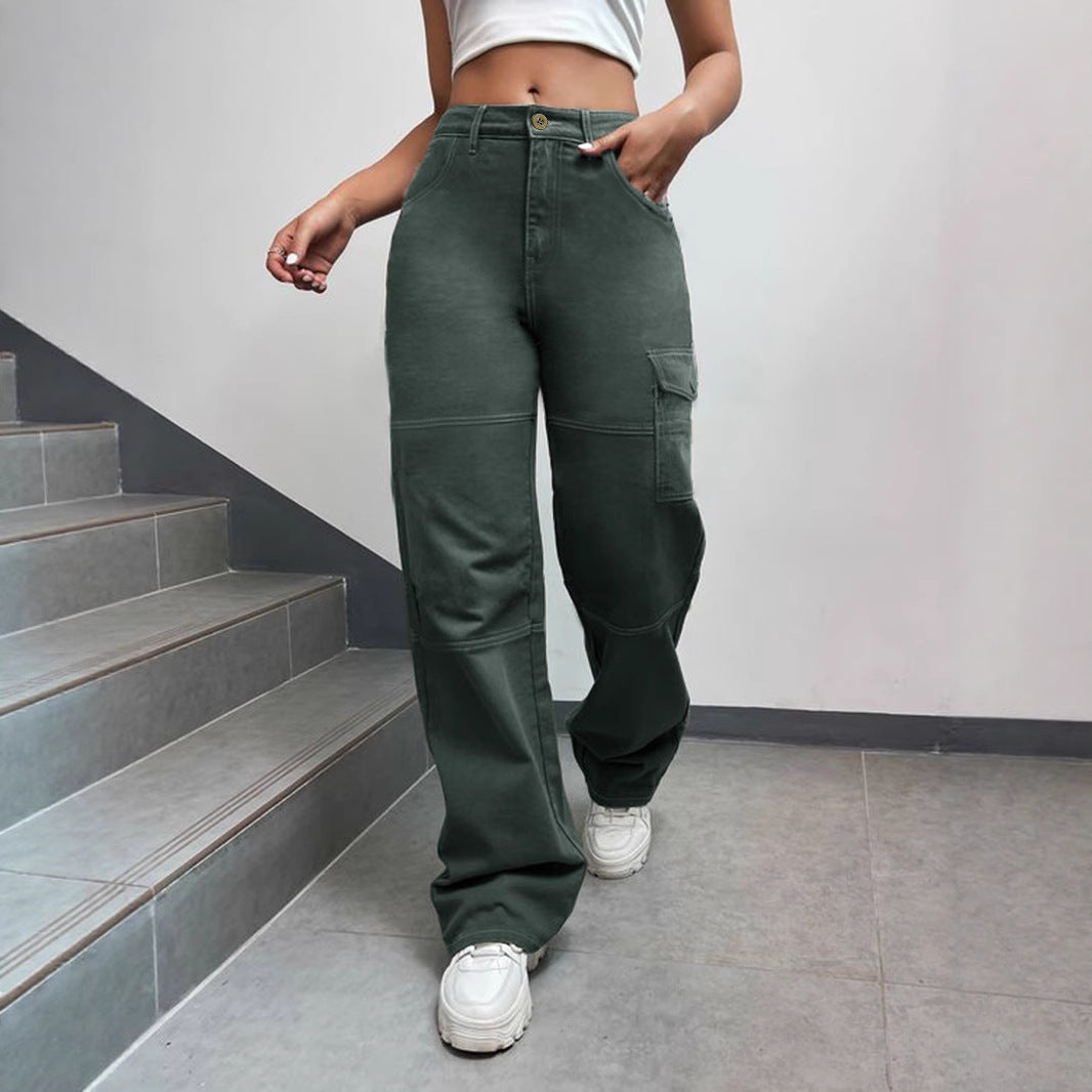 Women's High-Waisted Cargo Palazzo Pants with Seam Segments and Side Flap Pocket Amarae