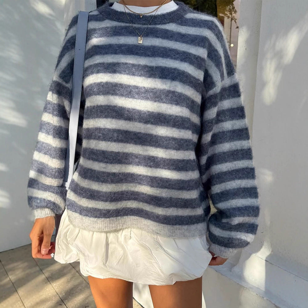 Women Striped Mohair-Mix Oversized Sweater with Balloon Sleeves Amarae