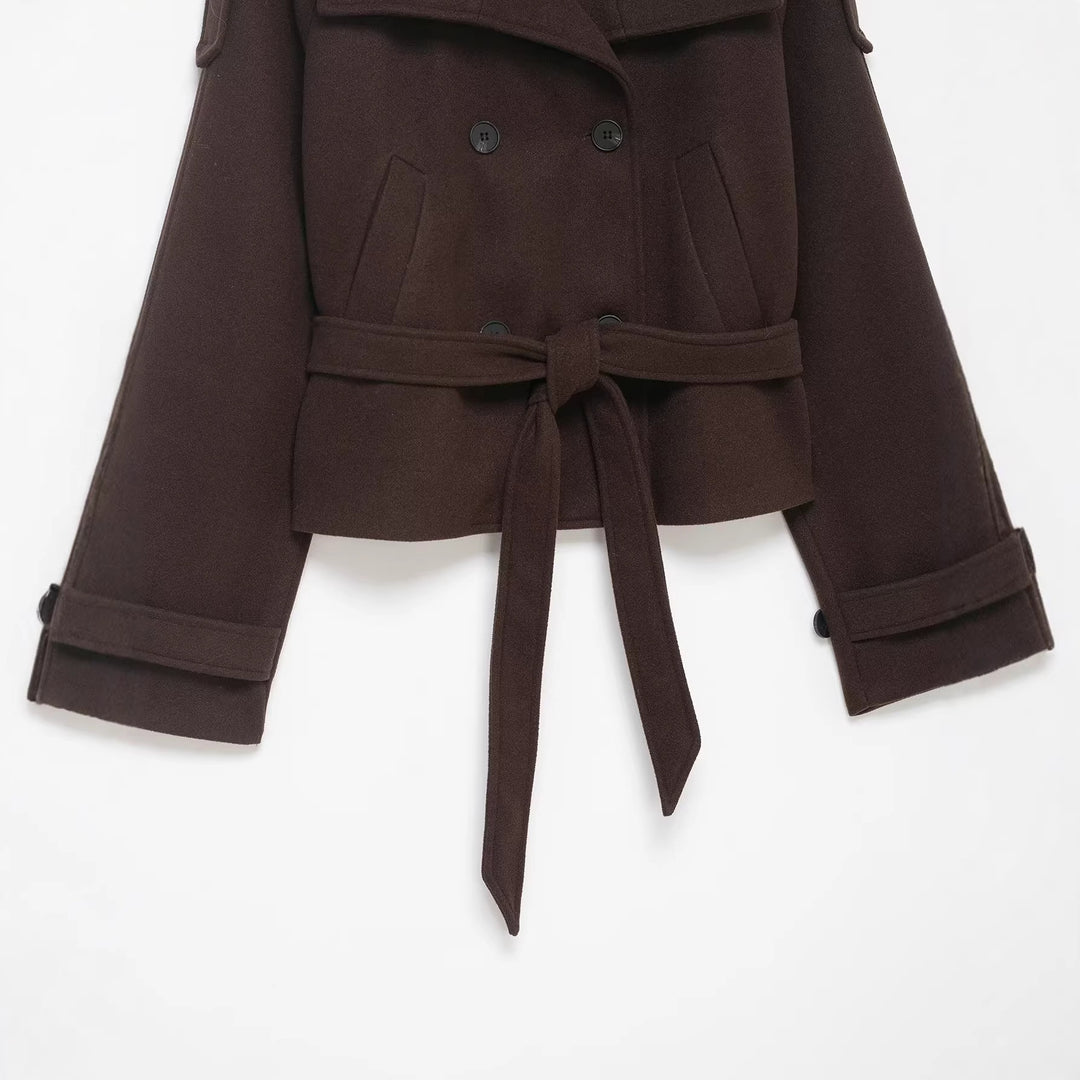 Women's Cropped Wool Blend Short Coat with High Stand-up Collar, Epaulettes, and Waist Belt Amarae
