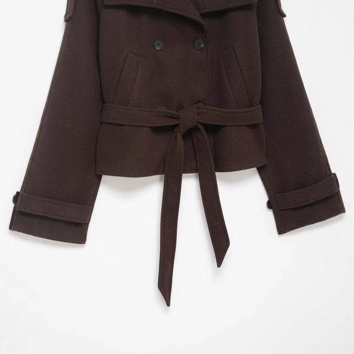 Women's Cropped Wool Blend Short Coat with High Stand-up Collar, Epaulettes, and Waist Belt Amarae