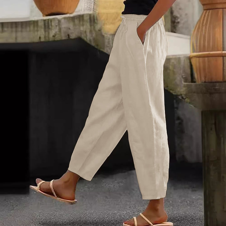 Women's Linen Blend Cropped Pants with Elastic Waistband, Drawstring and Side Pockets Amarae