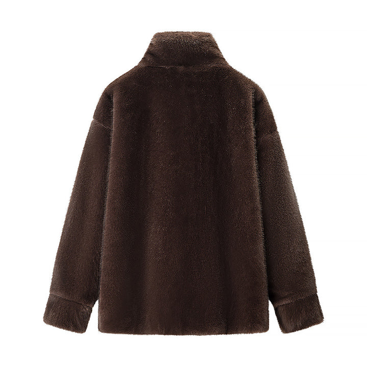 Ladies Oversize Faux Fur Pullover Jacket with Half Zipper and Kangaroo Pocket Amarae