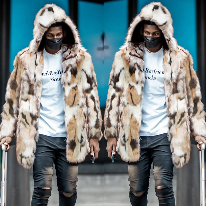 Trendy faux fur coat for men with hood and distinctive pattern Amarae
