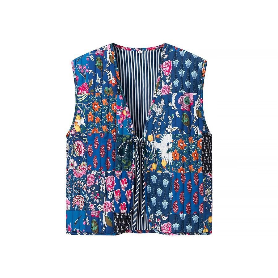 Women's Padded Quilted Vest with Floral Allover Print, Tie Belt and Decorative Piping Amarae