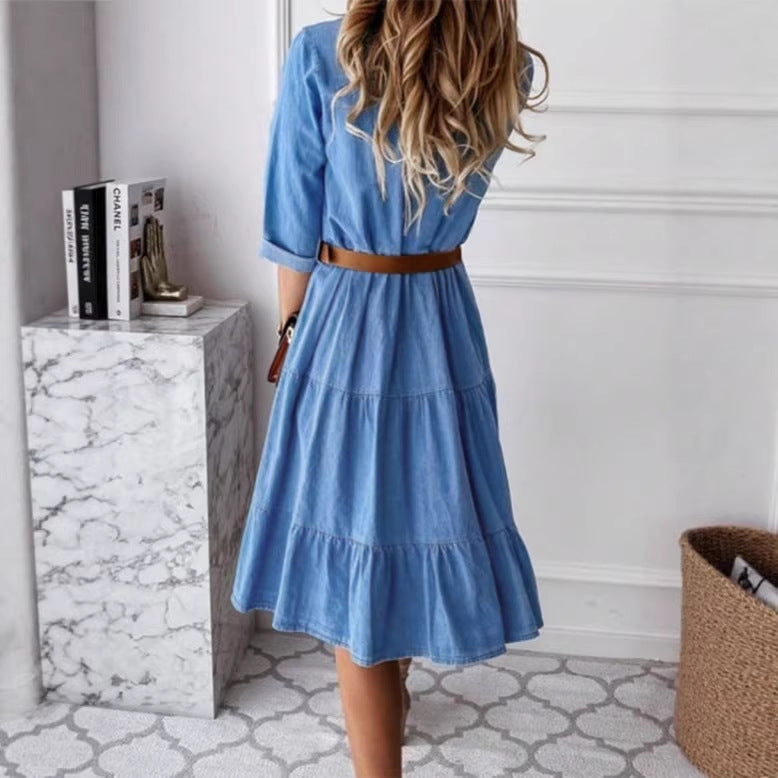 Women's Long Denim Dress with Tiered Skirt, Shirt Collar and Waist-Emphasizing Elastic Amarae
