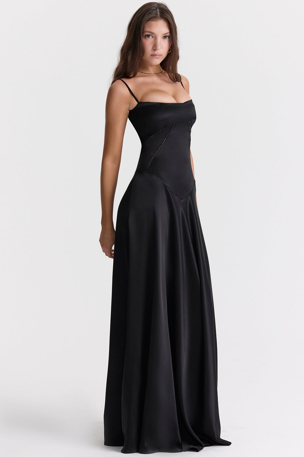 Women's Elegant Maxi Dress with Slim Spaghetti Straps and Flowing Satin Fall Lune London