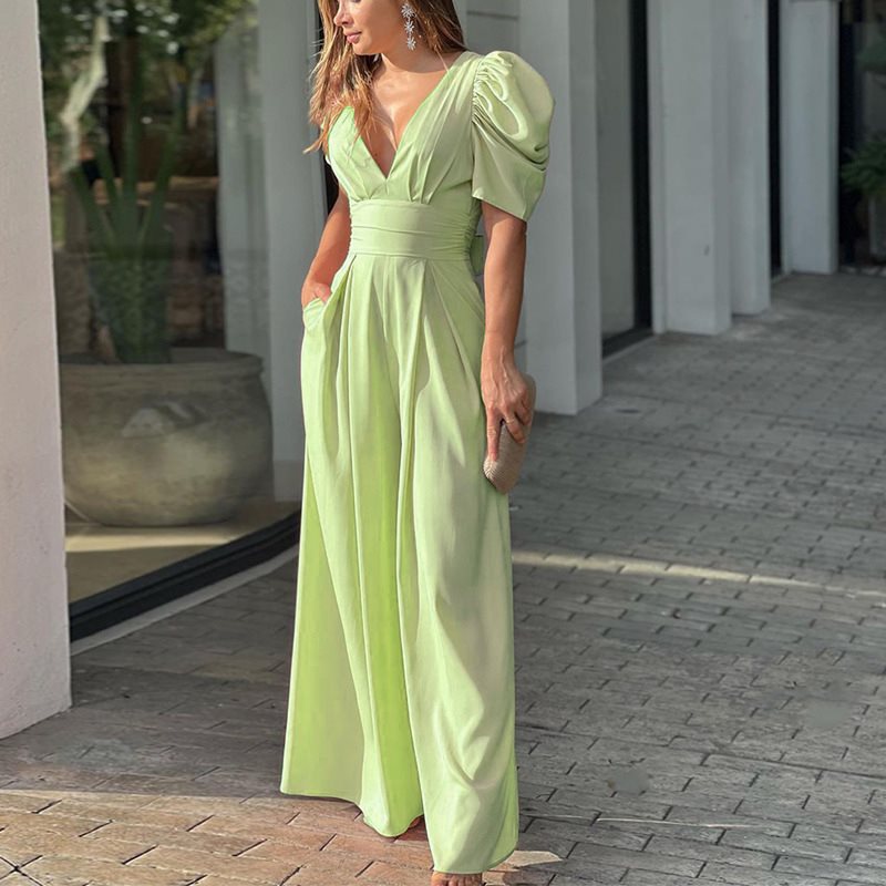 Elegant maxi dress for women with puff sleeves and a deep V-neck Lune London