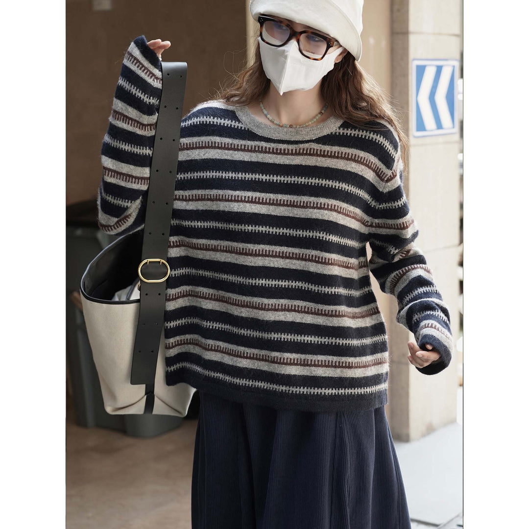 Women's Striped Chunky Knit Sweater with Mohair Look and Boxy Cut Amarae