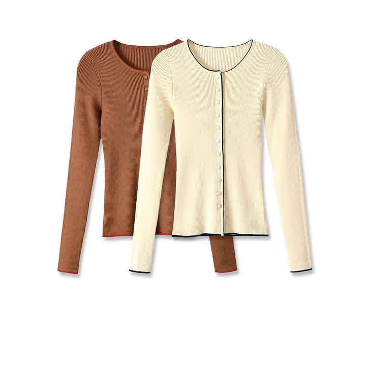 Women's fine ribbed cardigan with concealed button placket and contrast edge Amarae