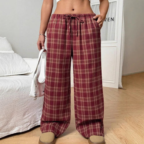 Wide plaid casual pants for women with elastic waistband and drawstring Amarae
