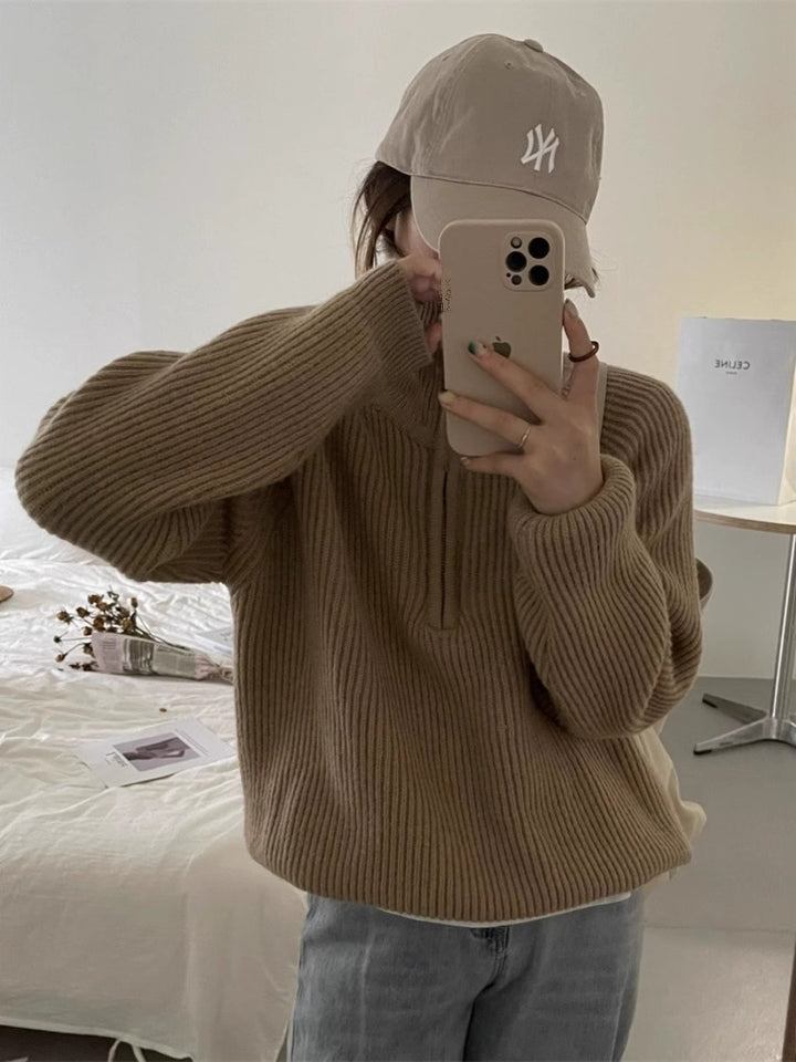 Knitted sweater for ladies with high collar and ribbed structure Lune London