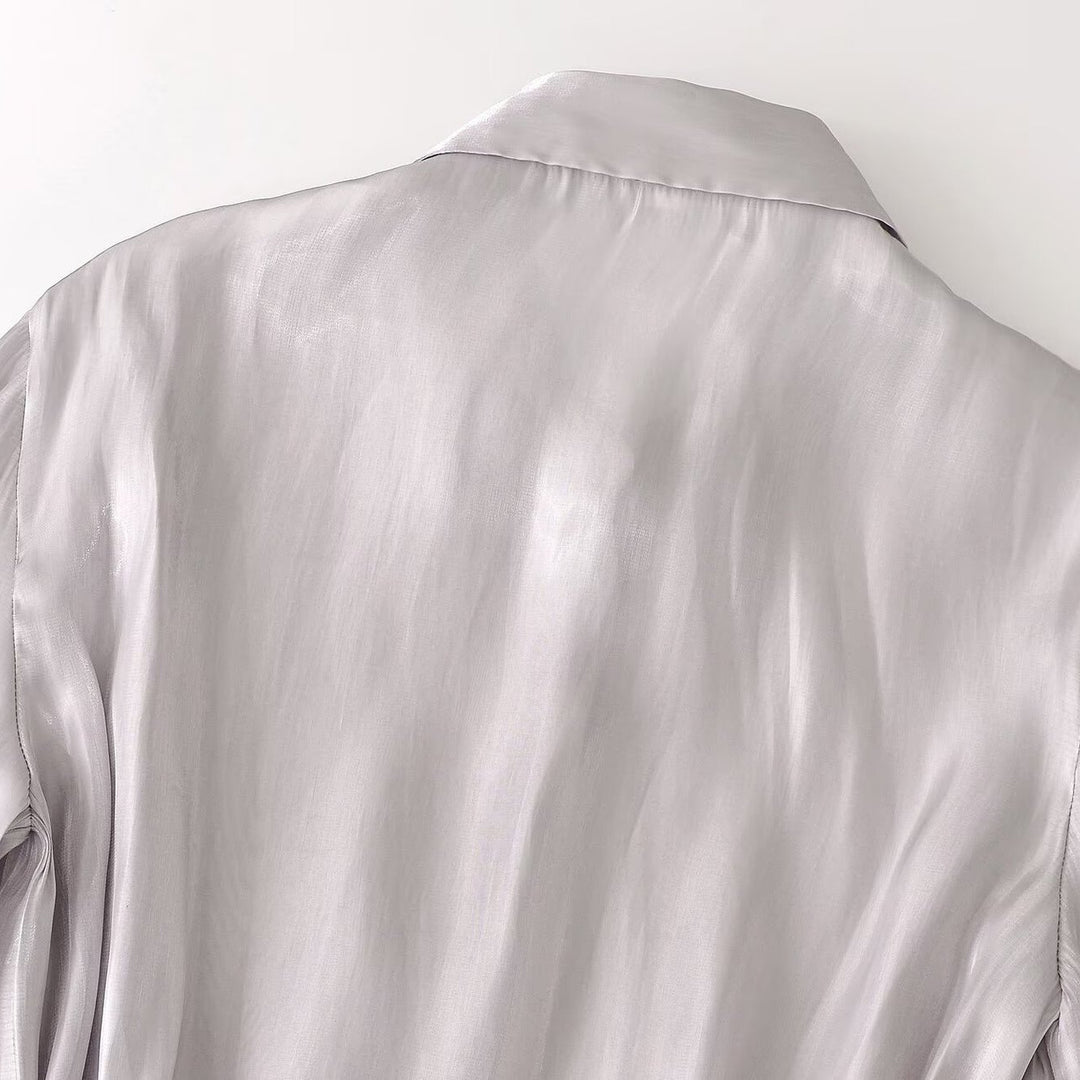 Ladies silk matte tailored shirt blouse with drawstring and concealed button placket Amarae