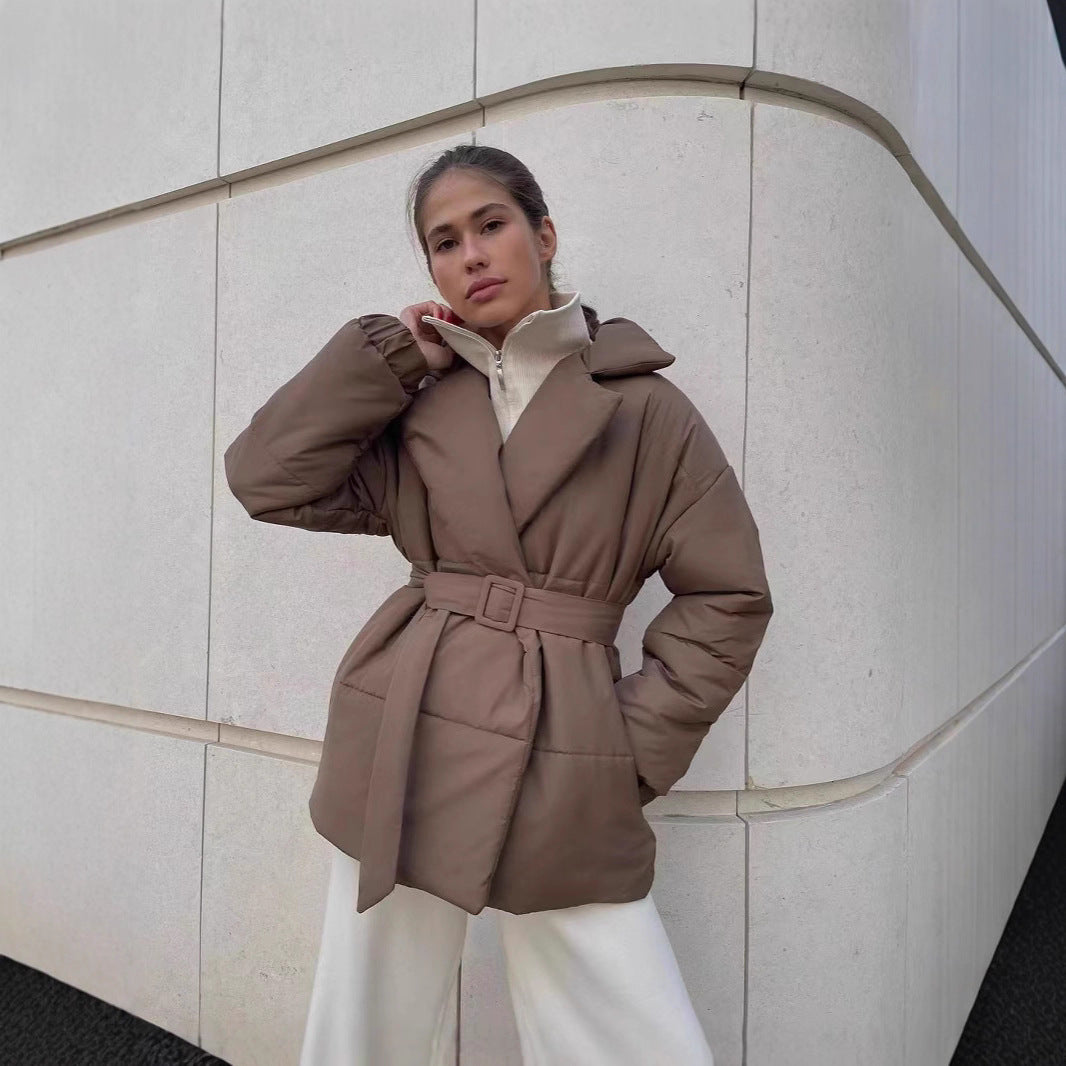 Quilted transition jacket for women with a belted waist and warm inner lining Lune London