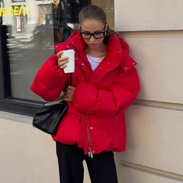 Women Short Cut Quilted Winter Jacket with High Collar Hood and Padded Thermal Lining Amarae