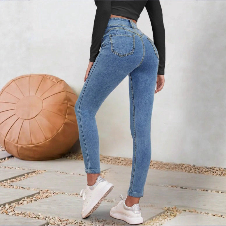 Women High-Waisted Sculpting Skinny Jeans with Double Button and Cuff Detail Amarae