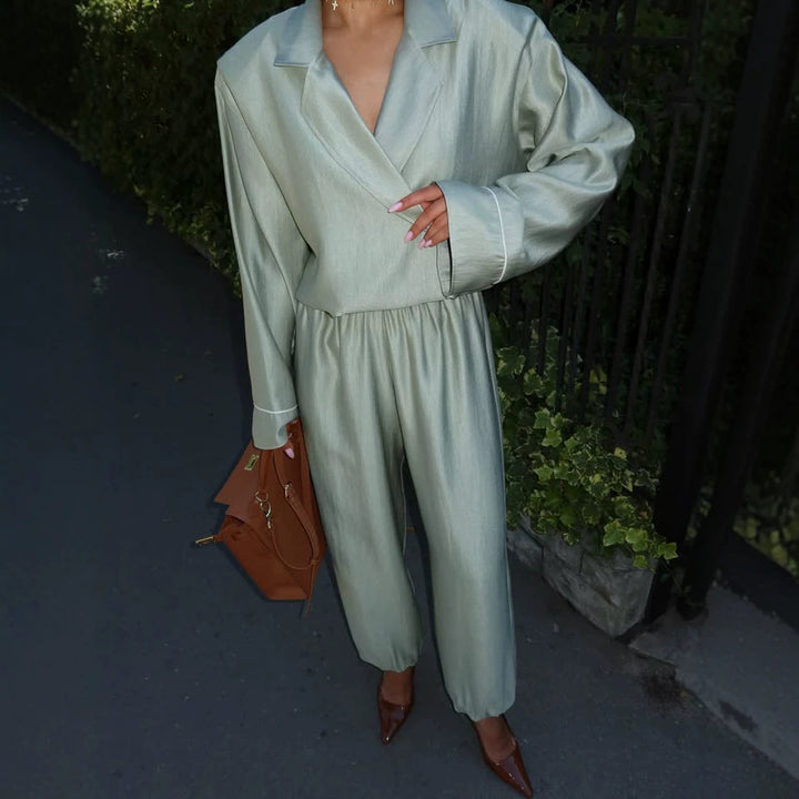 Women's satin two-piece set with wrap blouse, wide pants and elastic waistband Amarae