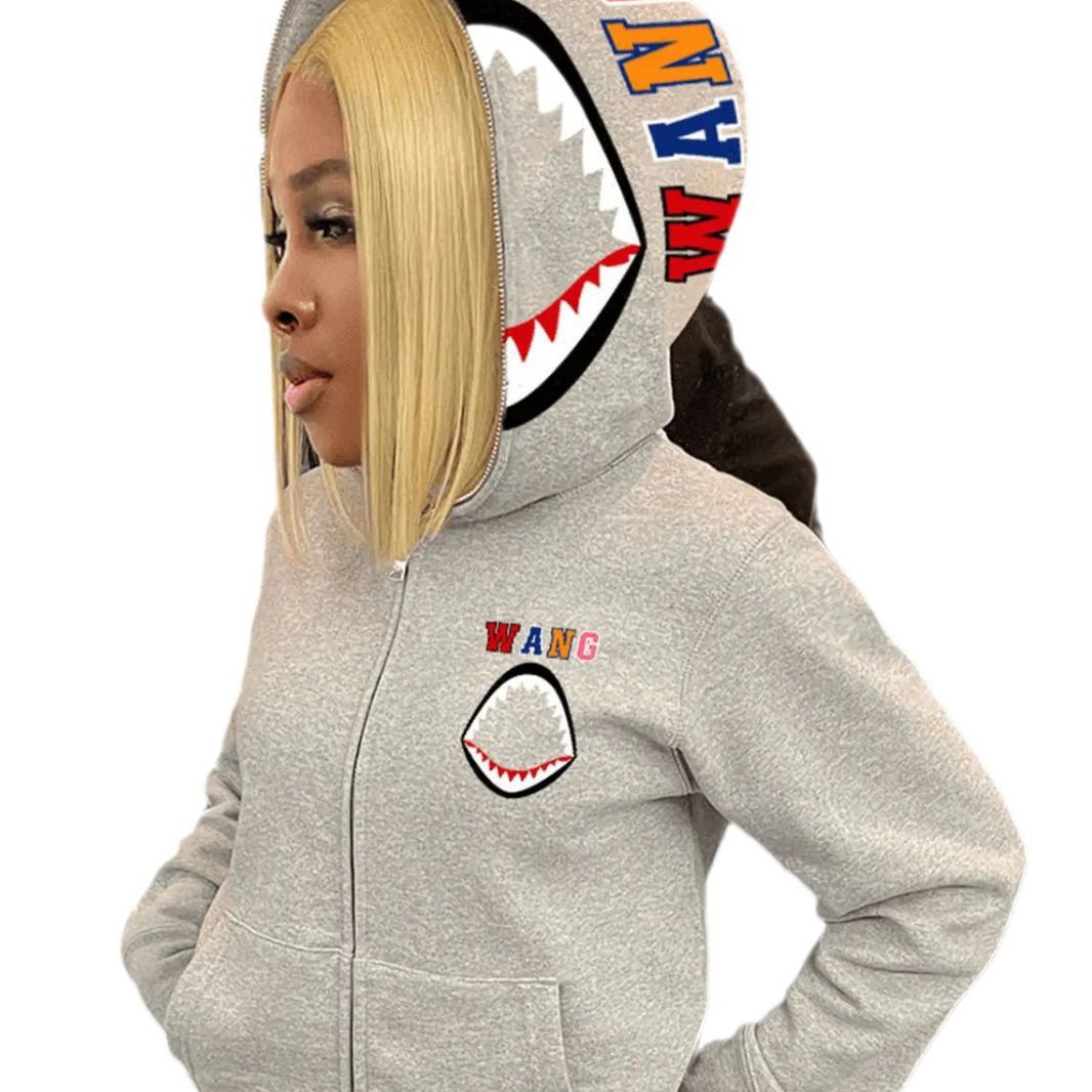 Hooded jacket for women with a creative shark design and modern embroideries Lune London