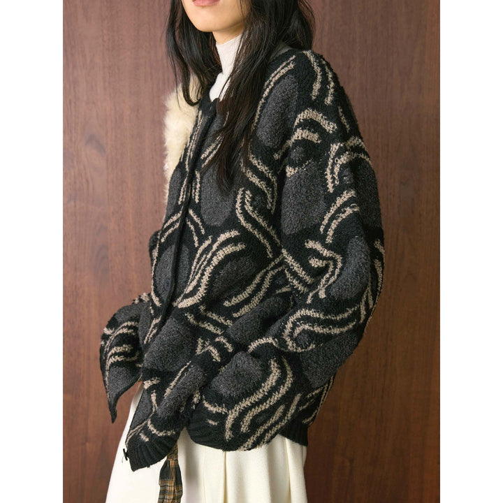 Women's Patterned Boucle Cardigan with Button Placket and Boxy Oversized Silhouette Amarae