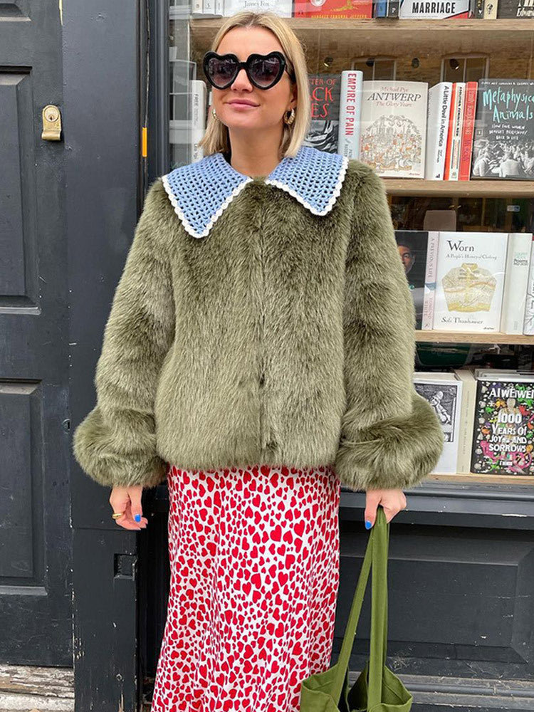 Women's Short Faux Fur Jacket with Distinctive Crochet Collar Amarae