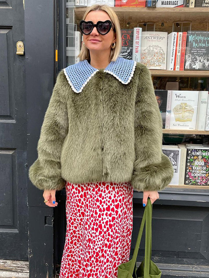 Women's Short Faux Fur Jacket with Distinctive Crochet Collar Amarae