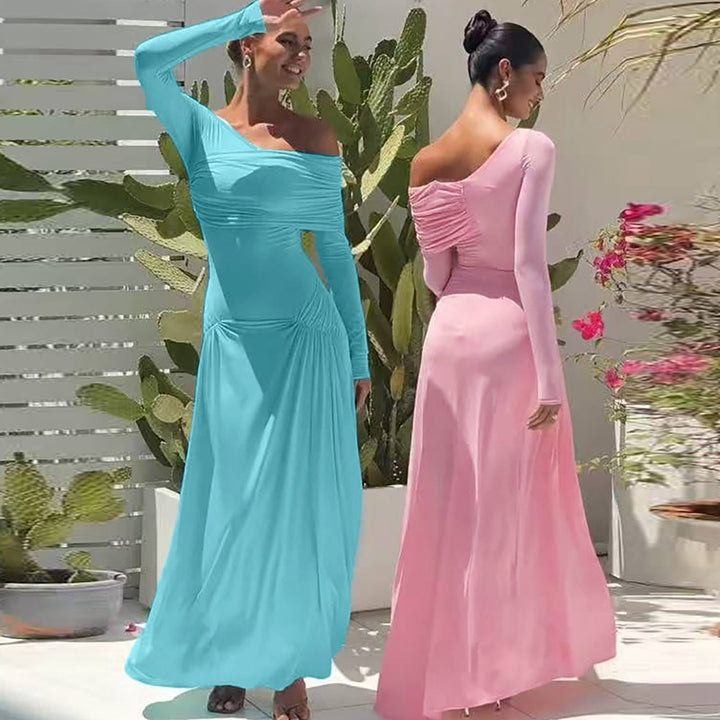 Elegant maxi dress for women with asymmetrical design and ruching Lune London