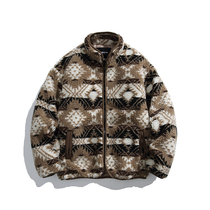 Unisex teddy fleece jacket in tribal pattern with stand-up collar and continuous zipper Amarae