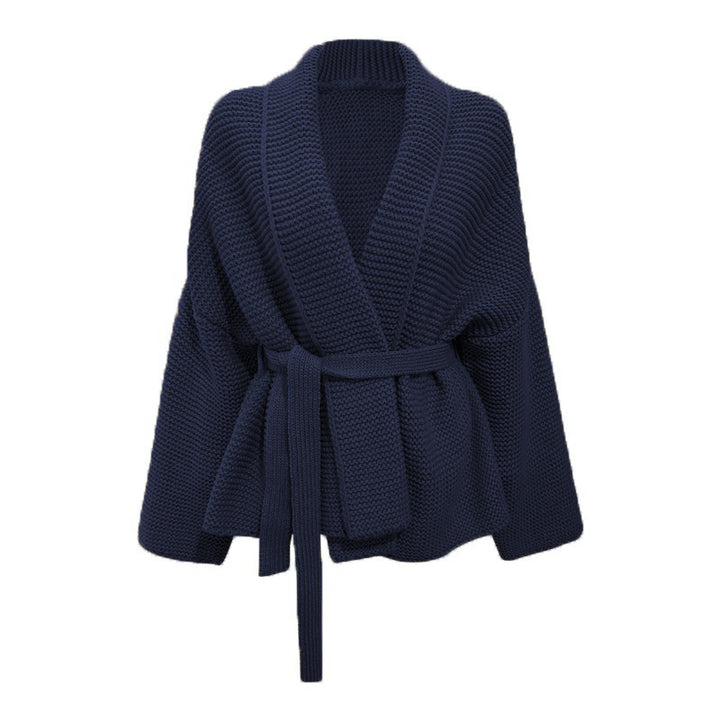 Women's chunky knit cardigan with a modern wrap design and a wide collar Lune London